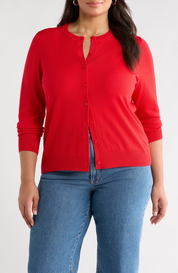 キャスロン レディース アウター パーカー・スウェット クルーネック プラスサイズ ウール カーディガン Caslon Merino Wool Blend Crewneck Cardigan (Plus) RED RADISH レッド｜ReVida 店