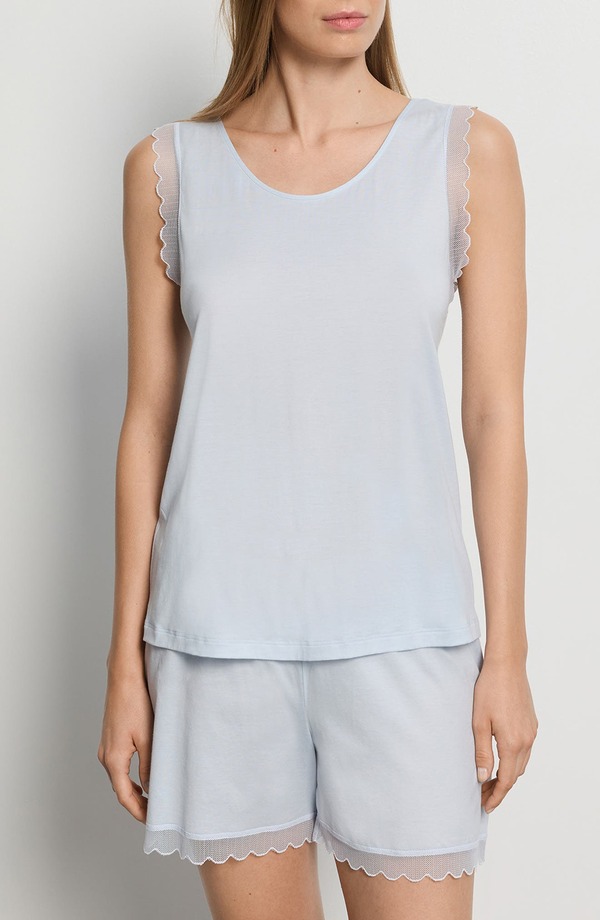 ハンロ レディース アンダーウェア ナイトウェア コットン レース Hanro Inya Lace Detail Mercerized Cotton Short Pajamas WATERY BLUE ブルー｜ReVida 店