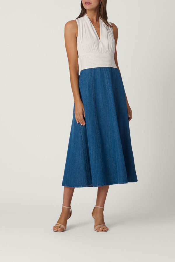 ショシャーナ レディース ボトムス デニムパンツ シフォン Shoshanna Crinkle Chiffon Denim Combo Bentley Dress Ivory アイボリー｜ReVida 店