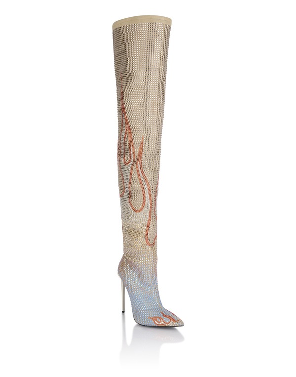フィリッププレイン レディース シューズ スニーカー スエード ブーツ ヒール PHILIPPLEIN Suede Strass Boots Hi-Heels Overknees Flame Women (Women) beige ベージュ｜ReVida 店