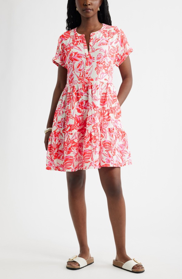 キャスロン レディース トップス ワンピース ティアード コットン Caslon Cotton Gauze Tie red Popover Dress IVORY- PINK ELLIE BLOSSOM アイボリー｜ReVida 店
