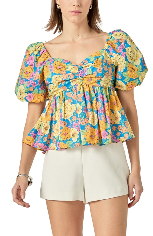 イングリッシュファクトリー レディース トップス シャツ フラワー柄 プリント フラワー English Factory Floral Print Puff Sleeve Shirt BLUE MULTI ブルー|ReVida 店