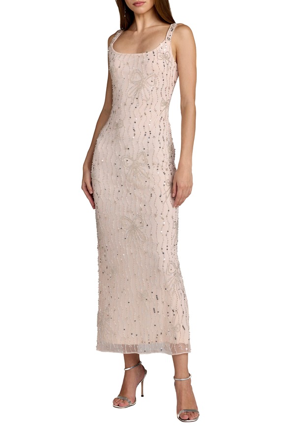 マックダガル レディース トップス ワンピース メッシュ アンクル Mac Duggal Beaded Mesh Scoop Neck Ankle Dress With Bows Blush ブラッシュ｜ReVida 店