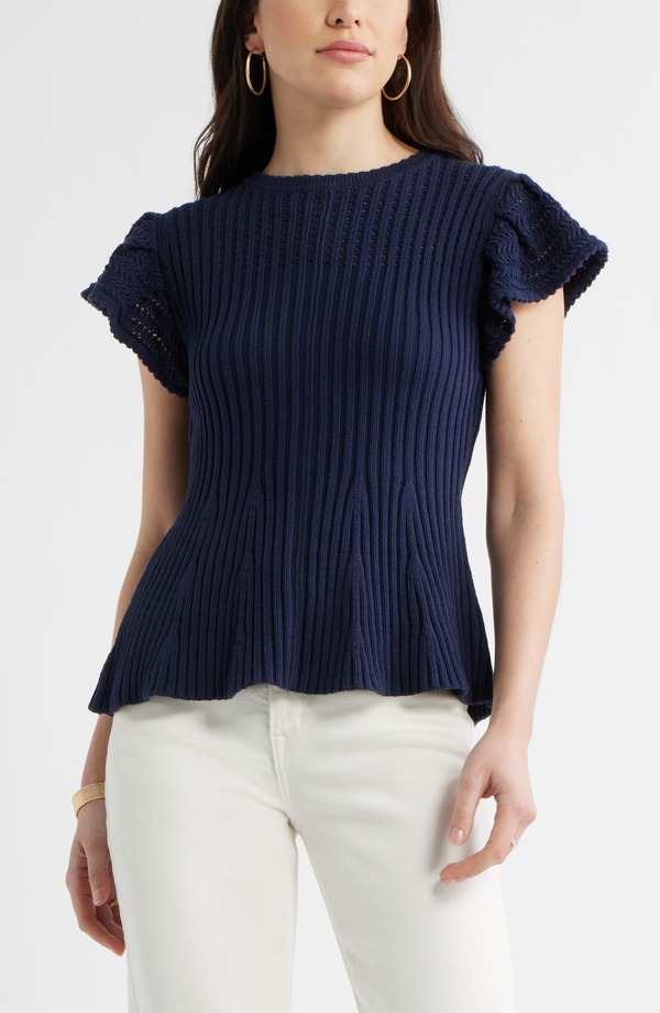 キャスロン レディース アウター パーカー・スウェット セーター コットン Caslon Flutter Sleeve Pima Cotton Sweater NAVY STILL ネイビー|ReVida 店