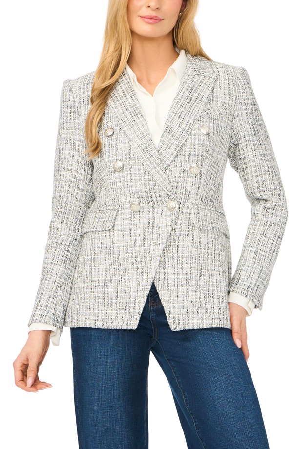 ハロゲン レディース アウター ジャケット・ブルゾン プチ ツイード ブレザー Halogen Double Breasted Tweed Blazer (Petite Regular) SILVER BIRCH シルバー|ReVida 店