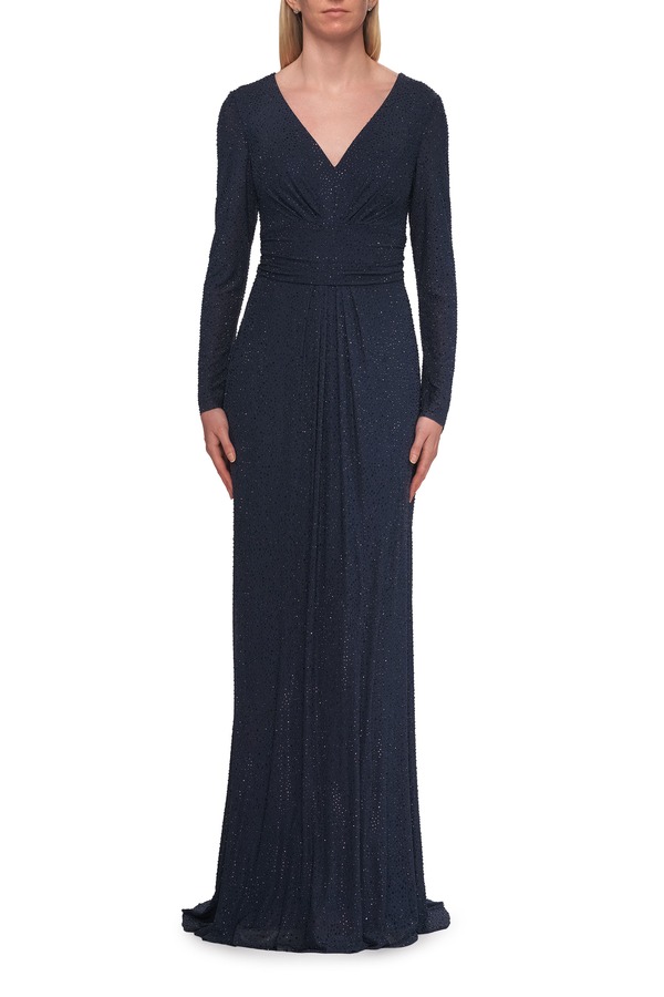 ラフェム レディース トップス ワンピース プリーツ La Femme Long Sleeve Rhinestone Gown with Pleated Waist Navy ネイビー|ReVida 店