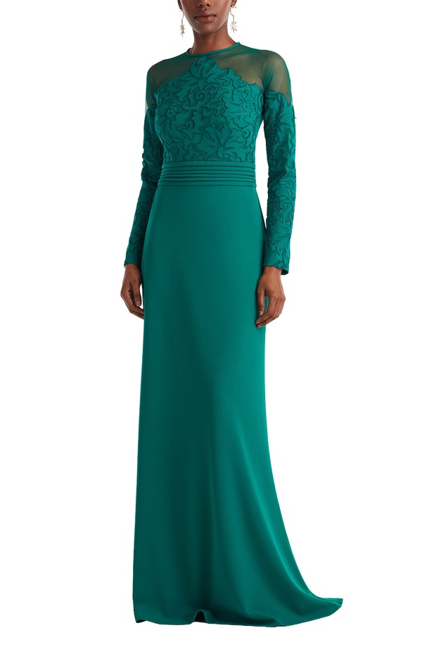 タダシショージ レディース トップス ワンピース 刺繍 レース Tadashi Shoji Embroide red Illusion Lace Long Sleeve Sheath Gown EMERALD エメラルド｜ReVida 店