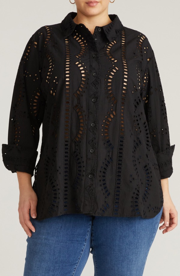 ユニバーサル スタンダード レディース トップス シャツ プラスサイズ コットン 刺繍 ブラウス Universal Standard Embroide red Cotton Poplin Blouse (Plus Regular) BLACK ブラック|ReVida 店