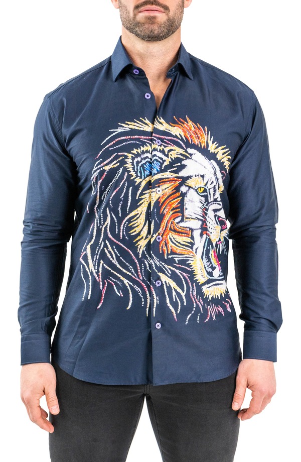 マセオ メンズ トップス プルオーバー 刺しゅう Maceoo Fibonacci Lion Embroidered Contemporary Fit Button-Up Shirt Blue 青色 トップス-カジュアルシャツ-メンズファッション