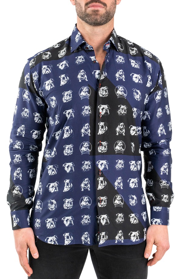 マセオ メンズ トップス プルオーバー 刷り上げる Maceoo Fibonacci Bulldog Print Contemporary Fit Button-Up Shirt Blue 青色