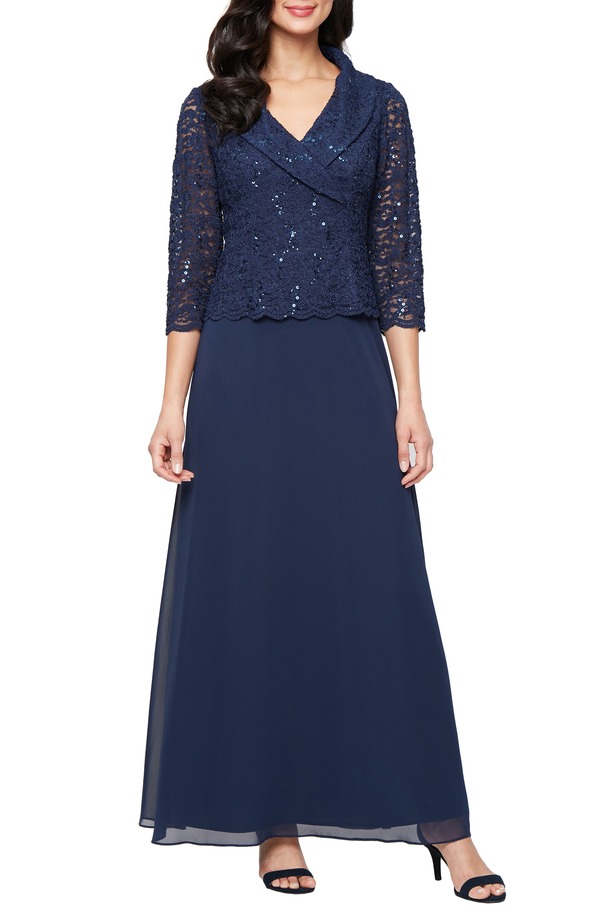 アレックスイブニングス レディース トップス 衣装 シフォン スパンコール スピード競技 Alex Eveningsequin Lace \u0026 Chiffon Cocktail Dress Navy 米国海軍