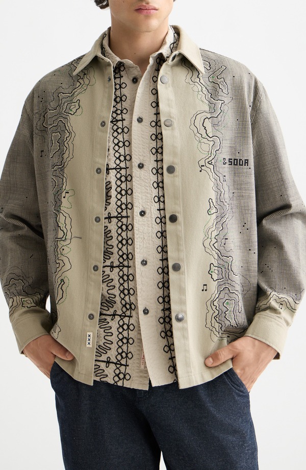 スコッチアンドソーダ メンズ アウター ジャケット・ブルゾン シャツ グラフィック Scotch \u0026 Soda Map Graphic Snap-Up Overshirt Plaza Taupe トープ