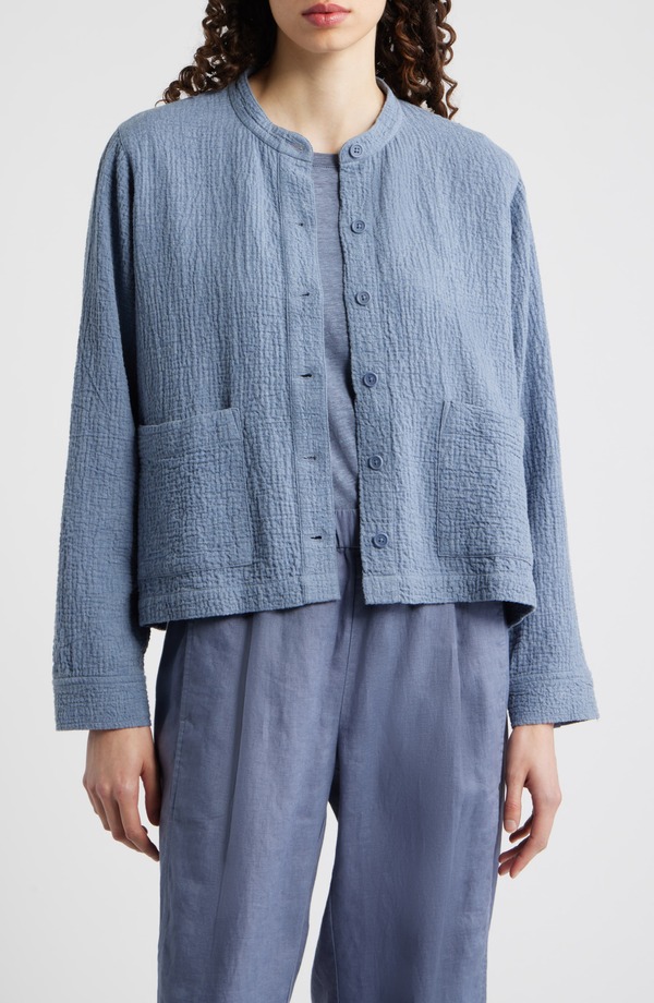 エイリーンフィッシャー レディース アウター ジャケット・ブルゾン シャツ コットン Eileen Fisher Mandarin Textured Stretch Organicotton Shirt Jacket Haze