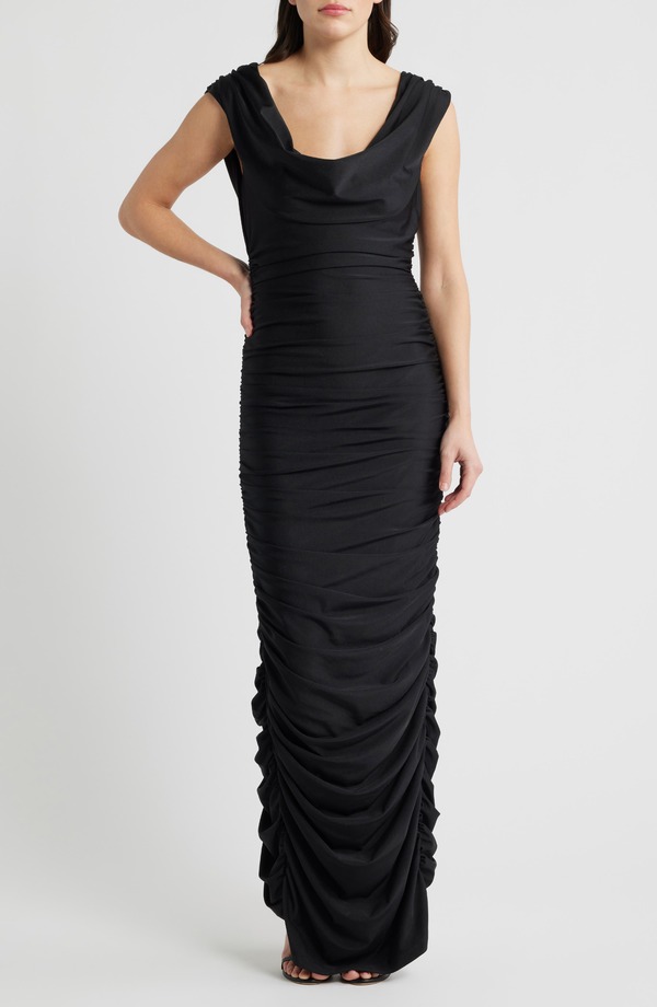 ブラックハロ レディース トップス ワンピース ギャザー サテン Black Halo Evangeline Ruched Satin Gown BLACK ブラック|ReVida 店