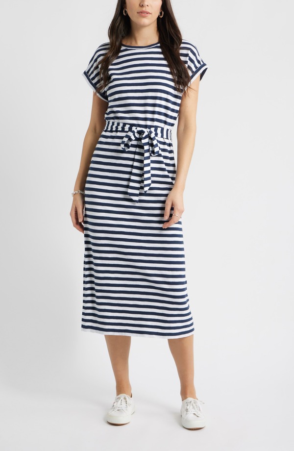 キャスロン レディース ボトムス カジュアルパンツ ミディワンピース ミディ Caslon Tie Waist Midi Dress NAVY STILL- WHITE CHARM STRIPE ホワイト|ReVida 店