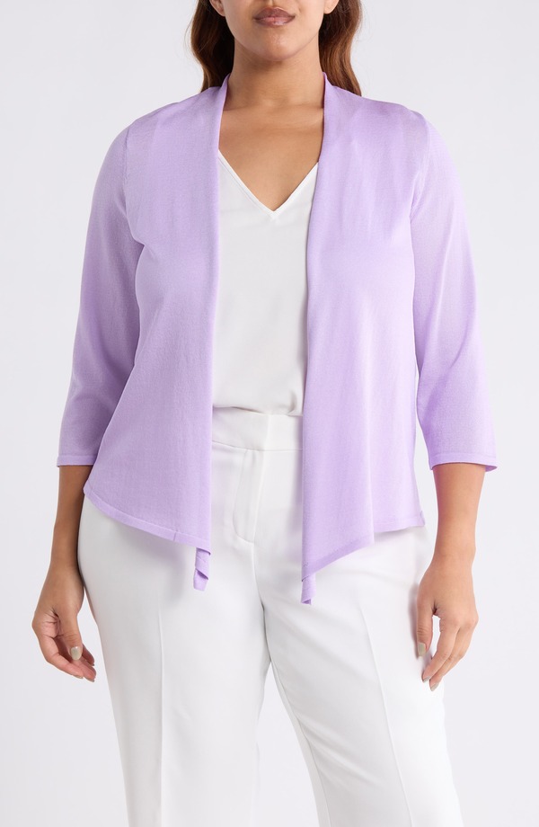 カスパール レディース アウター パーカー・スウェット プラスサイズ カーディガン KASPER Self Edge Open Front Cardigan (Plus) LAVENDER MIST ラベンダー|ReVida 店
