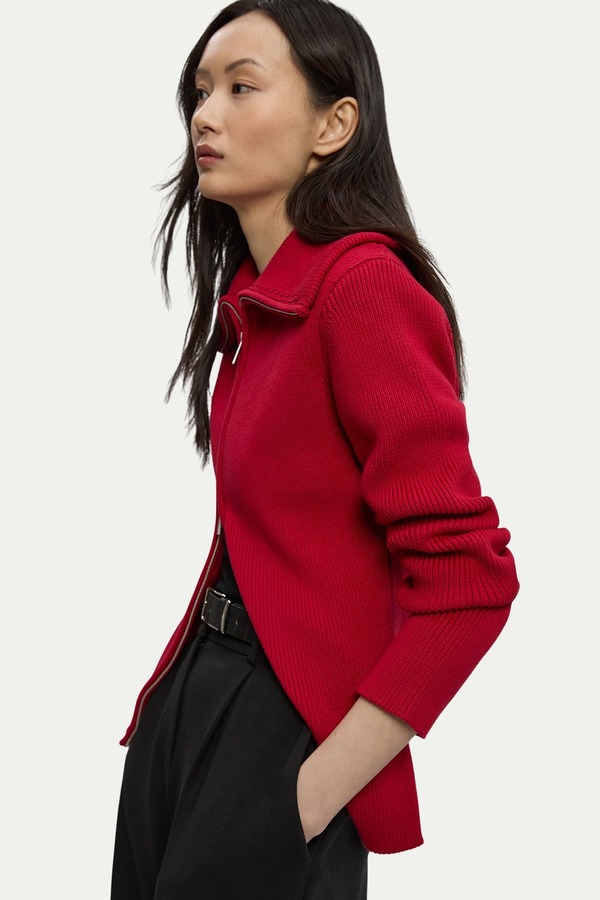 カレンミレン レディース アウター パーカー・スウェット フルジップ コットン カーディガン ニット Karen Millen Cotton Zip Through Collar Knit Cardigan Red レッド|ReVida 店