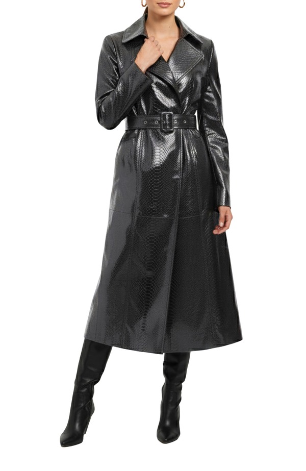 ゴルスキ レディース アウター ジャケット・ブルゾン プリント スエード コート GORSKI Genuine MetisuedePythnPrinted Belted Trench Coat ANTHRACITE｜ReVida 店