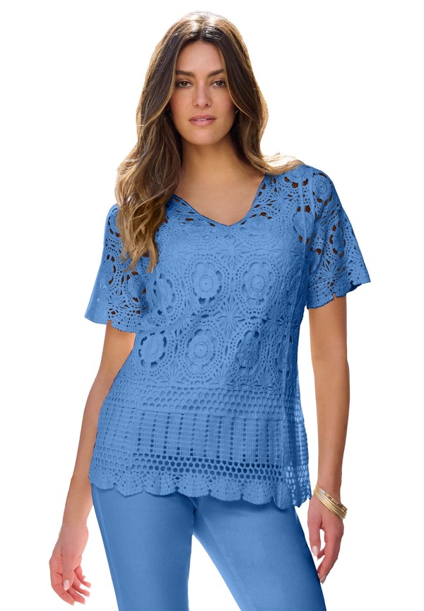 ロアマンズ レディース アウター パーカー・スウェット プラスサイズ セーター Roaman's Plusize Medallion Pattern French Crochet Sweater Top (Plus Regular) HORIZON BLUE ブルー｜ReVida 店