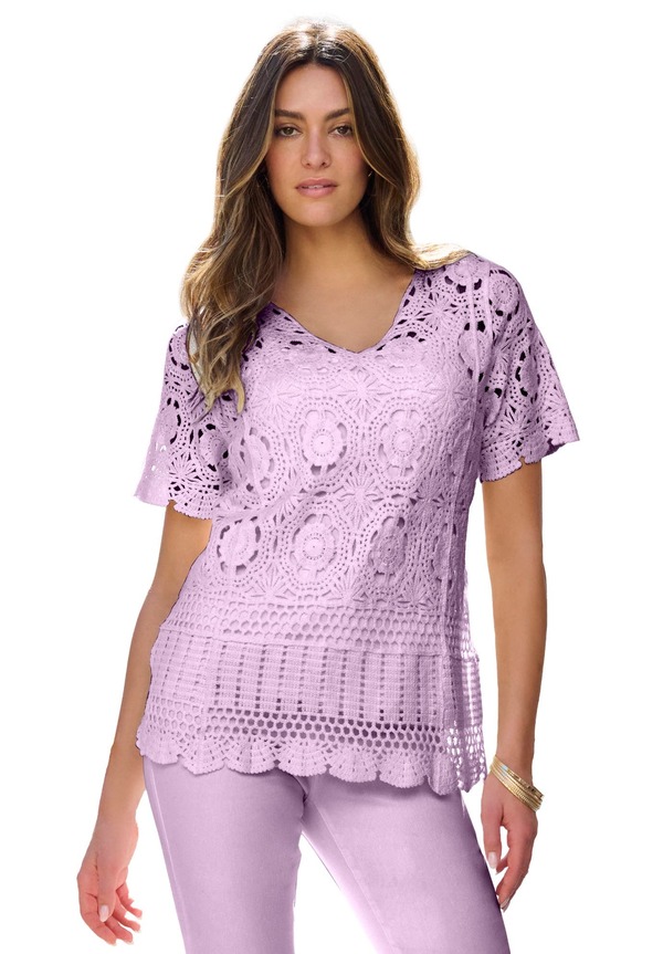 ロアマンズ レディース アウター パーカー・スウェット プラスサイズ セーター Roaman's Plusize Medallion Pattern French Crochet Sweater Top (Plus Regular) PALE LAVENDER ラベンダー|ReVida 店