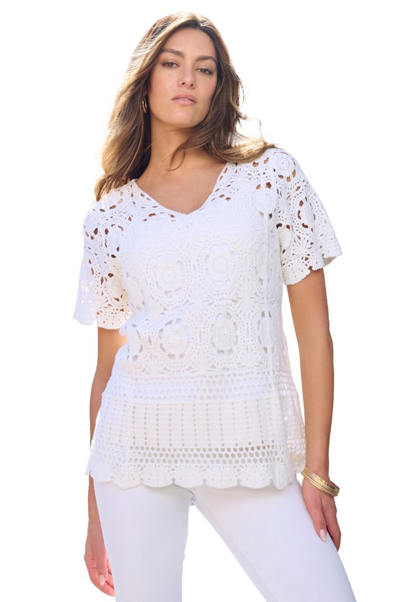 ロアマンズ レディース アウター パーカー・スウェット プラスサイズ セーター Roaman's Plusize Medallion Pattern French Crochet Sweater Top (Plus Regular) WHITE ホワイト｜ReVida 店
