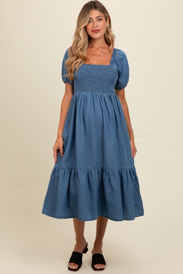 ピンクブラッシュ レディース トップス ワンピース ヴィンテージ ミディ シャーリング マタニティ PinkBlush Vintage Wash Chambray Smocked Midi Dress (Maternity) Blue ブルー｜ReVida 店