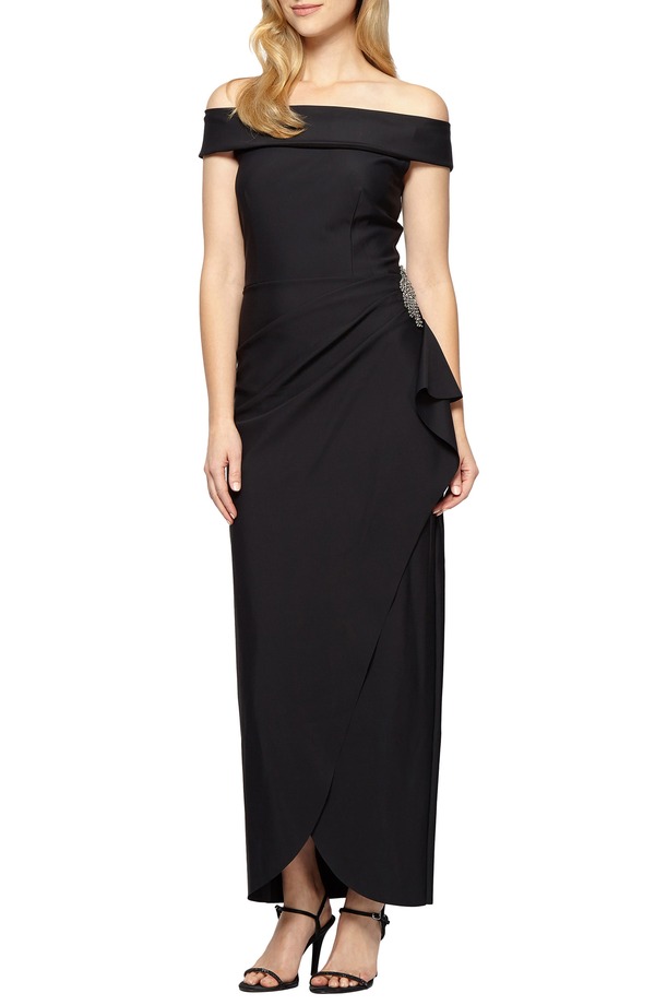 アレックスイブニングス レディース トップス ワンピース Alex Evenings Off the Shoulder Side Swept Eveningown BLACK ブラック｜ReVida 店