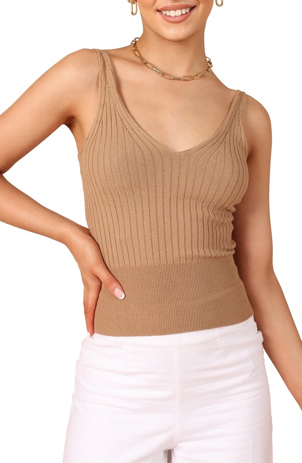 ペタルアンドパップ レディース トップス シャツ Vネック セーター Petal & Pup Gemma V-Neck Rib Sweater Tank CAMEL キャメル｜ReVida 店