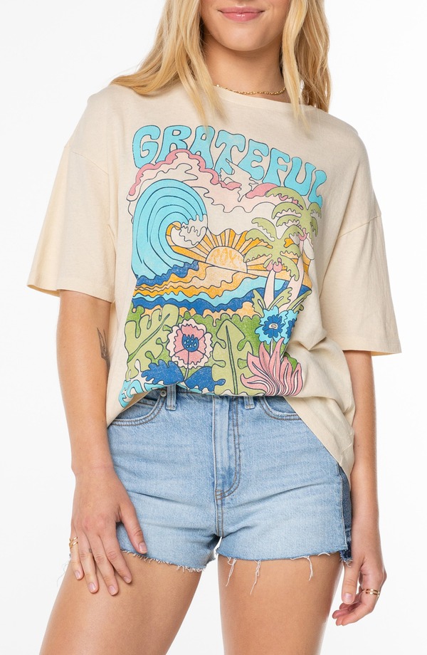 ロキシー レディース トップス シャツ コットン グラフィック Roxy Grateful for Nature Oversize Cotton Graphic T- PARCHMENT GRATEFUL FOR NATURE｜ReVida 店