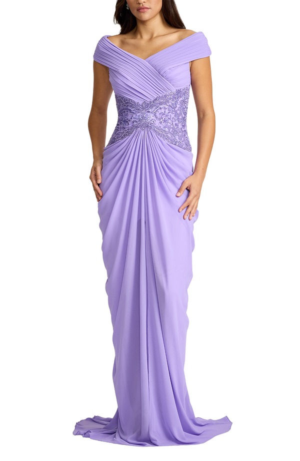タダシショージ レディース トップス ワンピース シフォン Tadashi Shoji Beaded Off the Shoulder Chiffon Gown LAVENDER MIST ラベンダー|ReVida 店