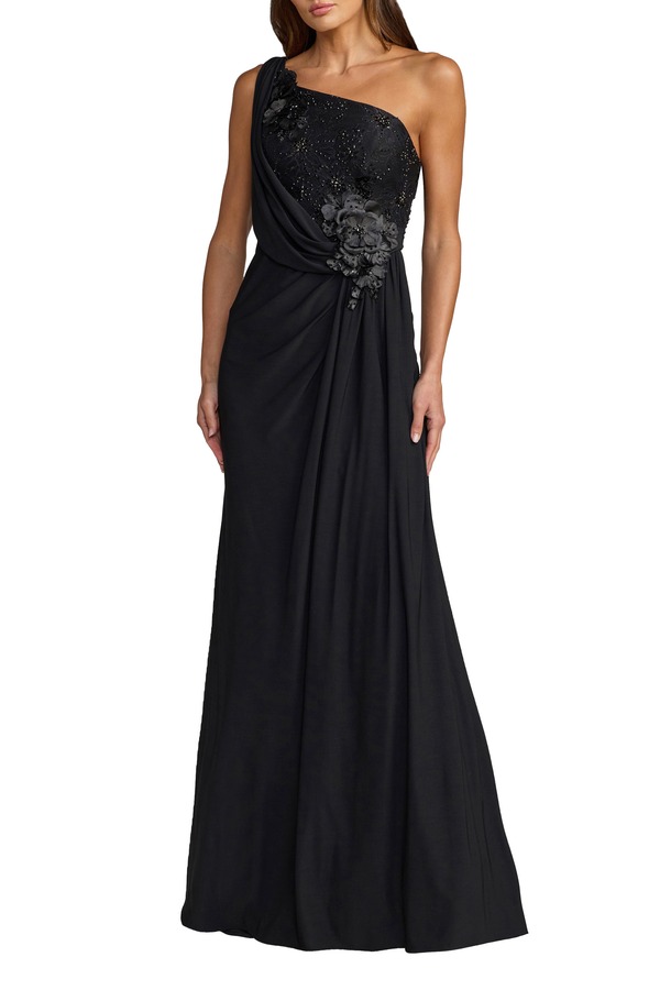 マックダガル レディース トップス ワンピース ジャージー Mac Duggal Women's Jersey One Shoulder Cowl Gown With 3D Flowers Black ブラック｜ReVida 店