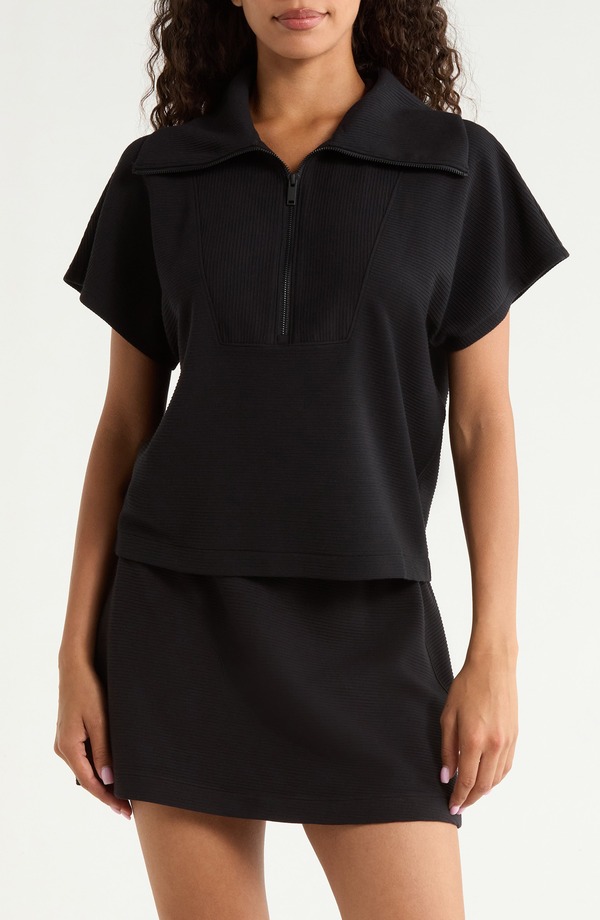 スパンク レディース トップス シャツ ハーフジップ SPANX Rib Short Sleeve Half ZipulloverY BLACK ブラック|ReVida 店