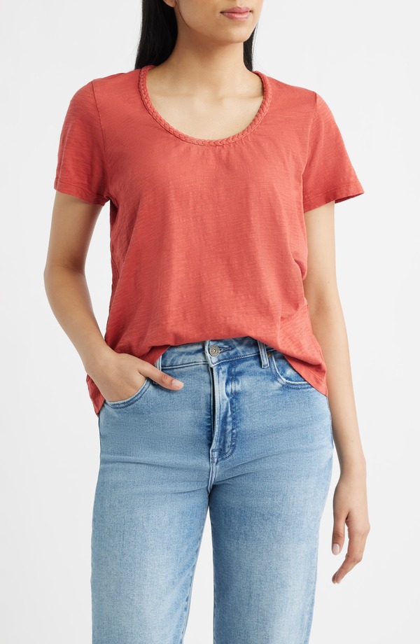 シティブルース レディース トップス シャツ リラックスフィット コットン CITY BLUES Braided Neck Relaxed Fit Cotton T-Shirt BRICK｜ReVida 店