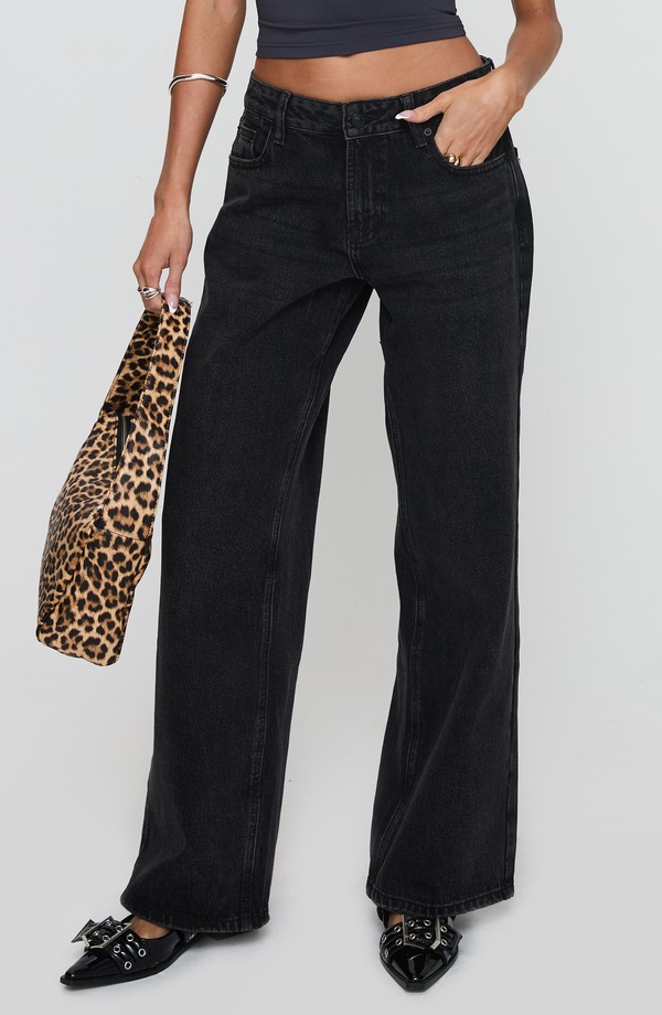 プリンセスポリー レディース ボトムス デニムパンツ ワイドレッグ ジーンズ Princess Polly Serenitia Wide Leg Jeans WASHED BLACK ブラック|ReVida 店