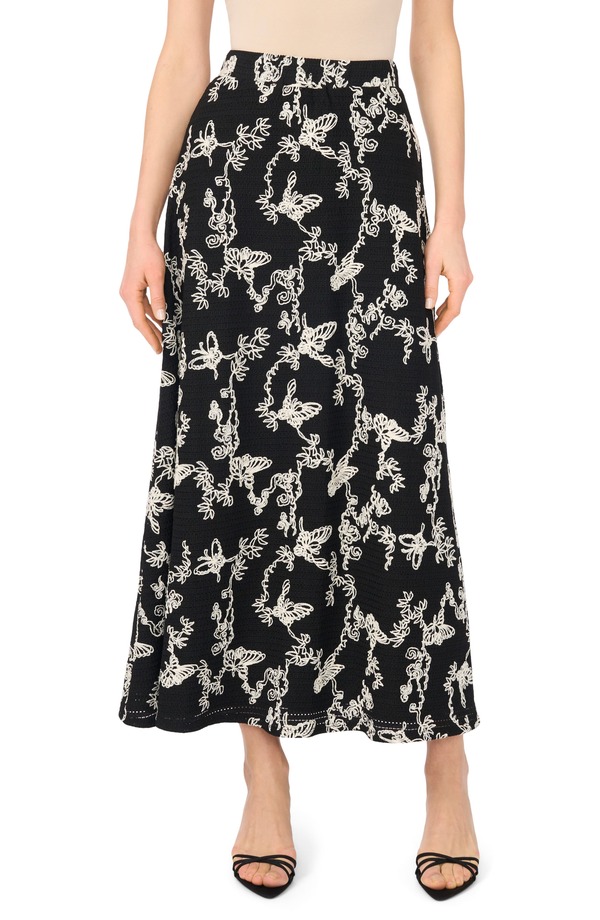 ヴィンスカムート レディース ボトムスカート A ライン フラワー柄 プチ 刺繍 マキシ フラワー Vince Camuto Embroide red Floral A-Line Maxi Skirt (Petite Regular) RICH BLACK ブラック|ReVida 店
