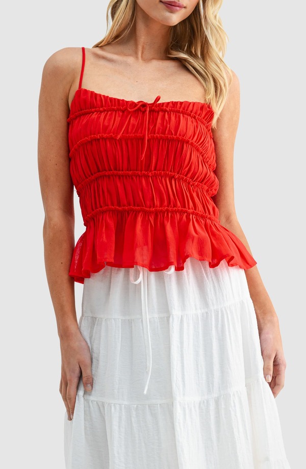 オールインフボール レディース トップス シャツ ノースリーブ All in Favor Sleeveless Peplum Top RED レッド｜ReVida 店