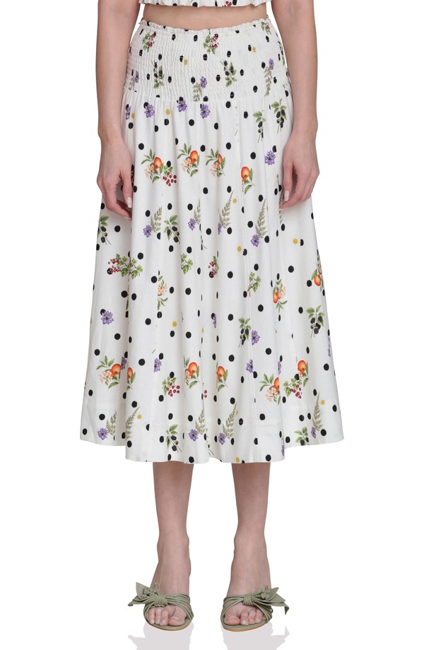 アヴェックレフィーユ レディース ボトムスカート ドット柄 ドット ミディ シャーリング Avec Les Filles Flower & Polka Dot Smocked Waist Midi Skirt CREAM SCATTE RED BOTANICAL クリーム｜ReVida 店