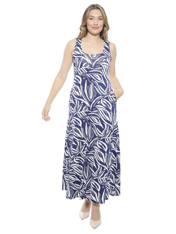 24 セブンコンフォート レディース トップス ワンピース A ライン ノースリーブ マキシ 24seven Comfort Apparel Womens Abstract Sleevelesscoop Neck A-Line Pocket Maxi Dress Navy Multi ネイビー｜ReVida 店