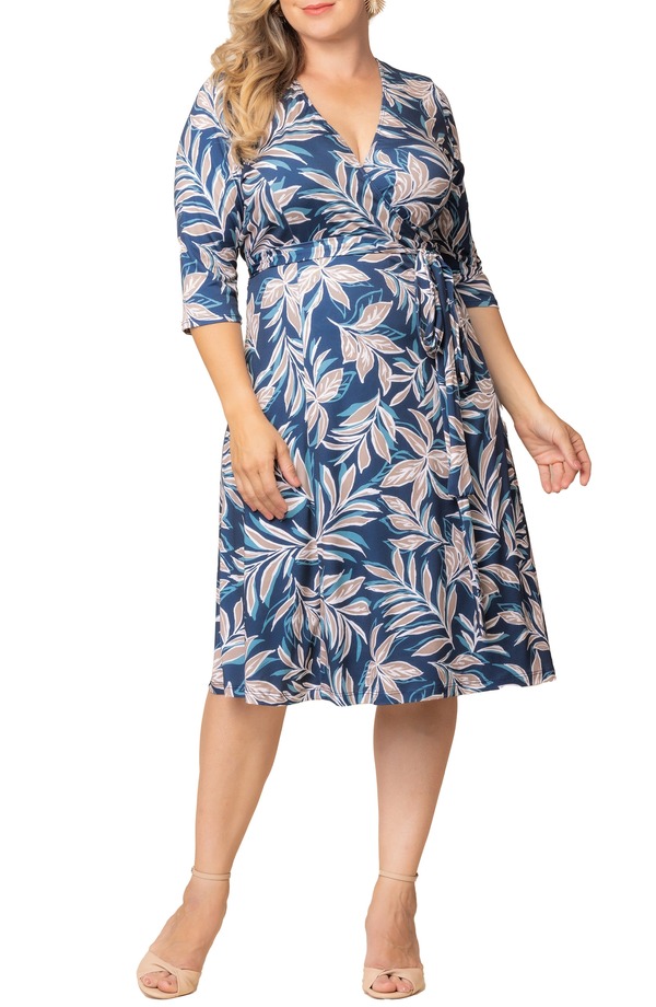 キヨナ レディース トップス ワンピース A ライン プラスサイズ Kiyonna Signature A-Line Wrap Dress (Plus) TEAL BOTANICAL PRINT ティール｜ReVida 店