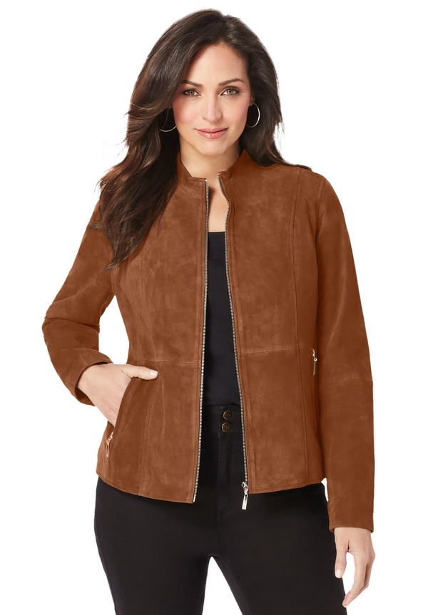 ジェシカロンドン レディース アウター ジャケット・ブルゾン プラスサイズ スエード Jessica London Suede Zip Front Jacket (Plus Regular) COGNAC|ReVida 店