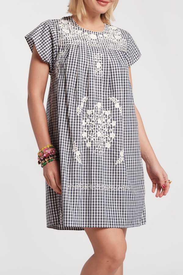 フランセスバレンタイン レディース トップス ワンピース ギンガムチェック ミニ ギンガム Frances Valentine Camila Mini Dress Gingham Navy/Oyster ネイビー｜ReVida 店