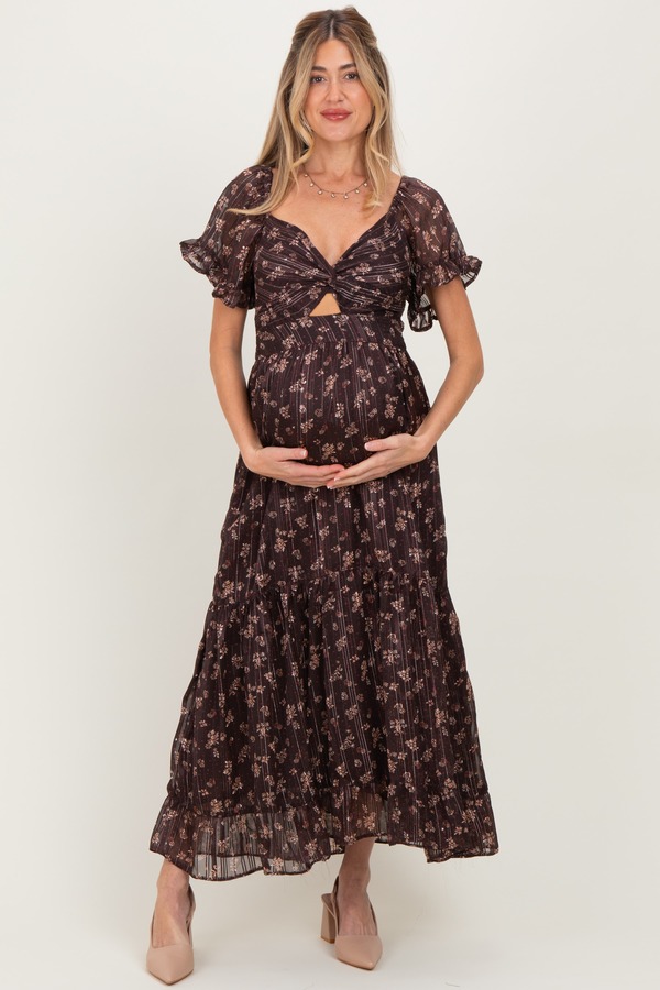 ピンクブラッシュ レディース トップス ワンピース カットアウト フラワー柄 マタニティ マキシ フラワー PinkBlush Floral Stripe Twist Front Cutout Maxi Dress (Maternity) Brown ブラウン｜ReVida 店