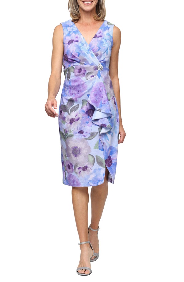 エスエルファッションズ レディース トップス ワンピース フラワー柄 トール ノースリーブ フラワー SL FASHIONS Metallic Floral Rhinestone Detail Sleeveless Cocktail Sheath Dress BLUE/ MULTI ブルー｜ReVida 店