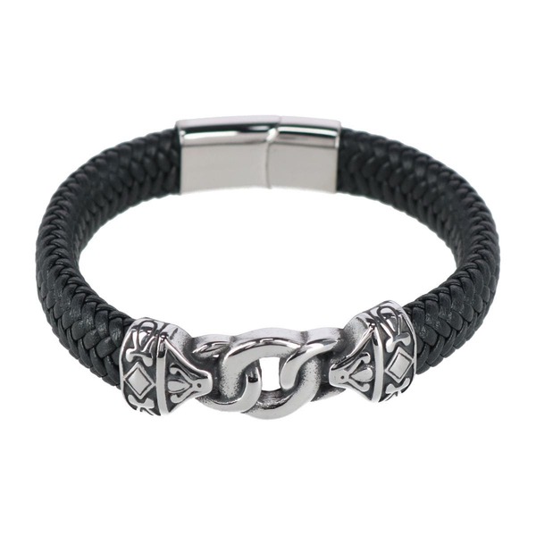 トラファルガー メンズ アクセサリー ブレスレット・バングル・アンクレット レザー Trafalgar Silver Interlock Pattern on Black Leather Bracelet Black ブラック|ReVida 店