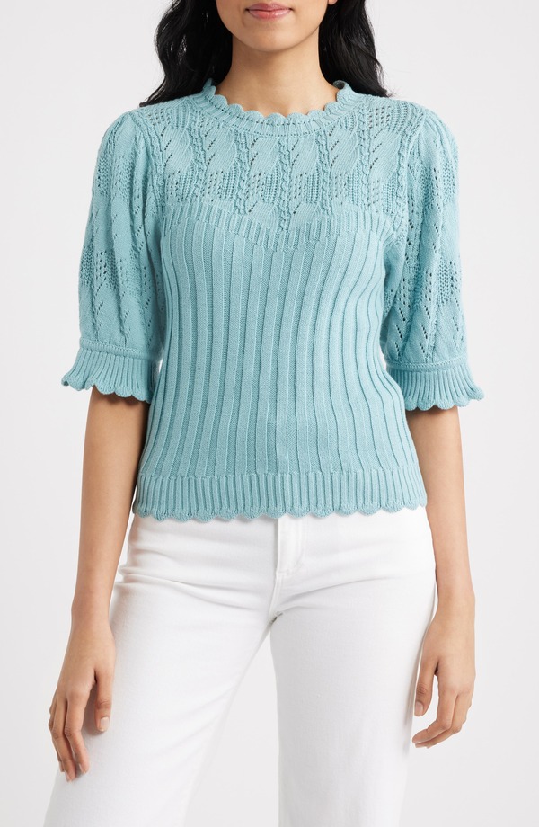 ウィット&ウィズダム レディース アウター ニット・セーター Wit & Wisdomixed Stitch Elbow Sleeve Sweater PALE TEAL ティール｜ReVida 店
