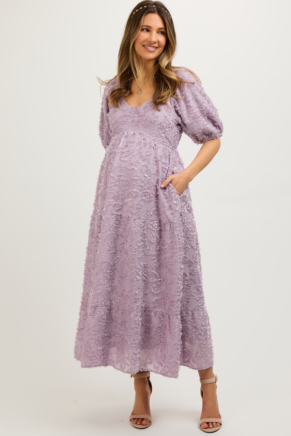 ピンクブラッシュ レディース トップス ワンピース ミディ マタニティ フリンジ PinkBlush Fringe Textu red Short Puff Sleeve Midi Dress (Maternity) Lavender ラベンダー|ReVida 店