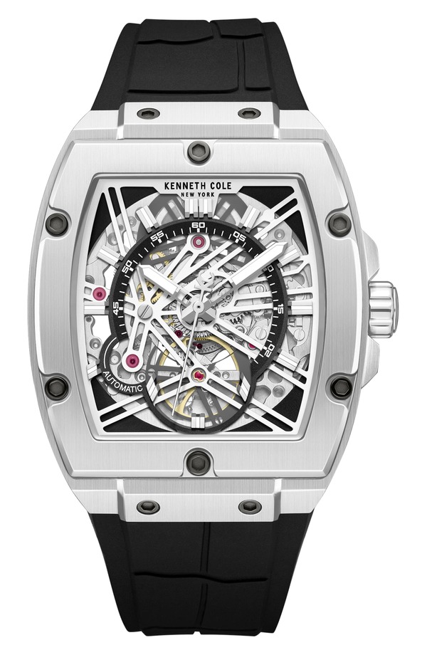 ケネスコール メンズ アクセサリー 腕時計 Kenneth Cole New York Skeletonneautomatic Silicone Strap Watch 41.5mm x 53.5mm BLACK ブラック｜ReVida 店