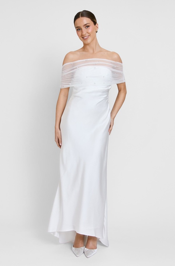 シックスストーリーズ レディース トップス ワンピース サテン Six Stories Bardot Detail Beaded Satin Midaxi Dress White ホワイト｜ReVida 店