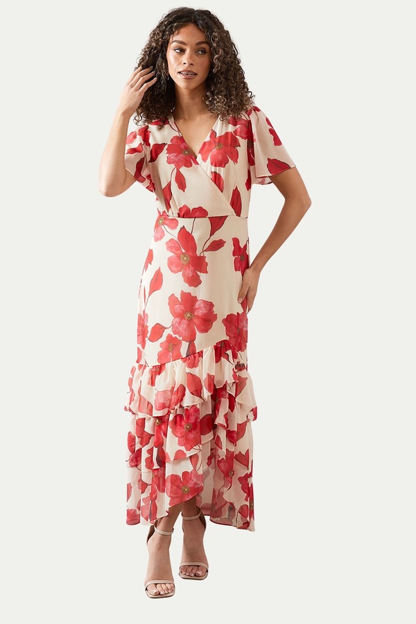 ウォリス レディース トップス ワンピース シフォン フラワー柄 マキシ フラワー Wallis Floral Frill Hem Chiffon Maxi Dress Red レッド｜ReVida 店