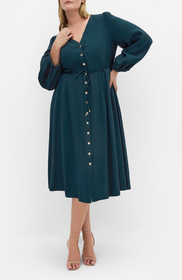 シティーシック レディース トップス ワンピース プラスサイズ ミディ City Chic Kristina Tie Waist Long Sleeve Midi Dress (Plus) DEEP EMRALD｜ReVida 店